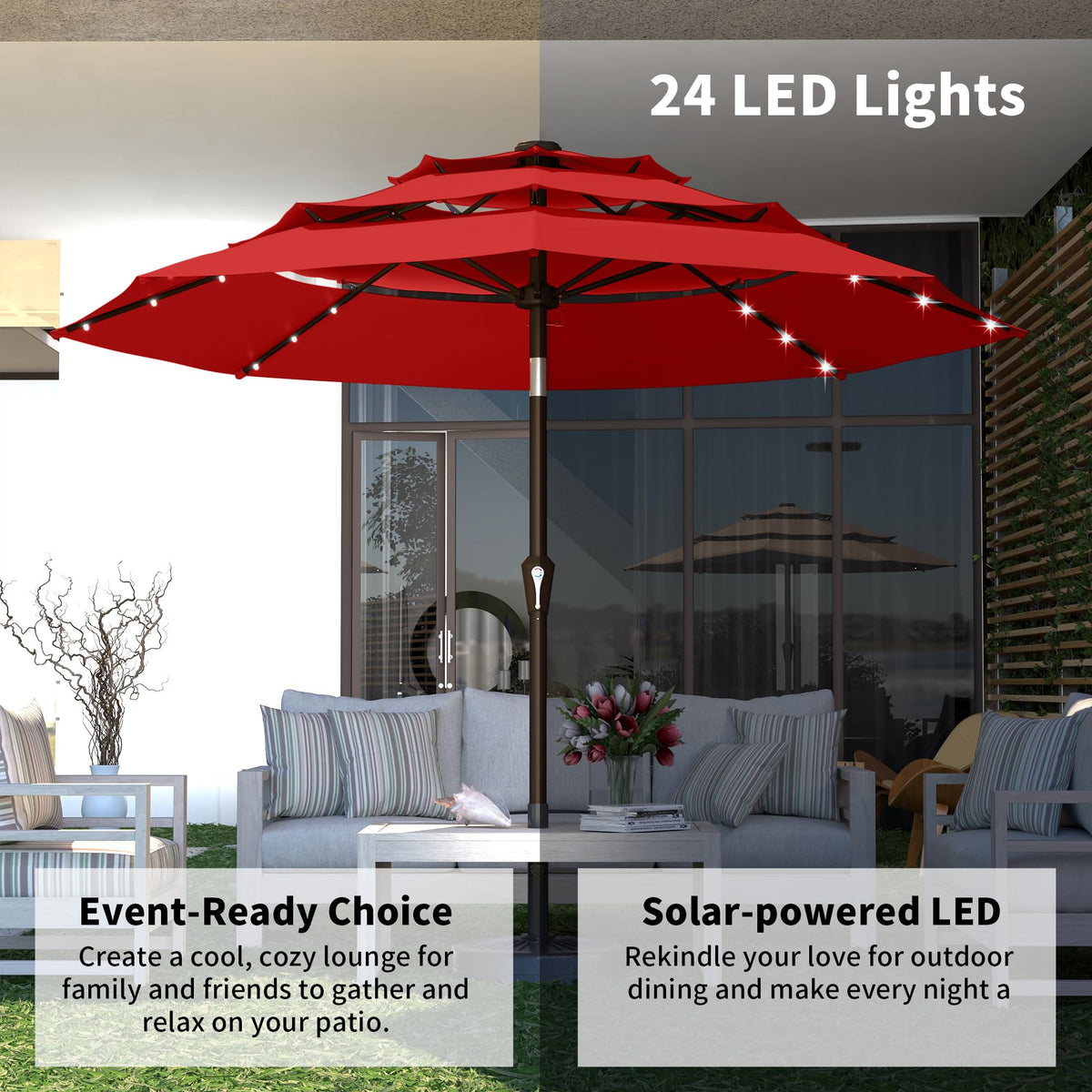 10ft 3 Tier Patio Umbrella with Solar Lights (Red-LED / 10 FT)