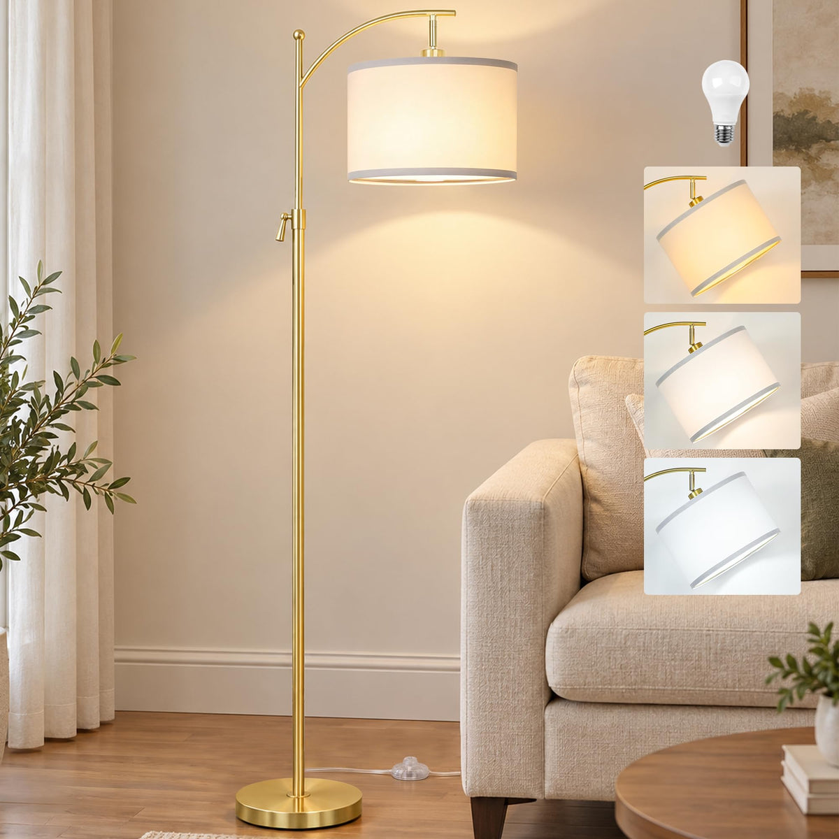 Upgraded Gold Arc Floor Lamp Adjustable Height 55 (Gold+White Shade-Arc)
