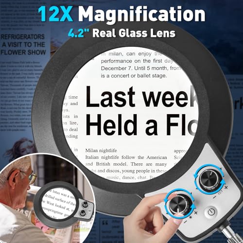 12X Magnifying Glass with Light and Stand (12X 9.06 INCH Base & Clamp)