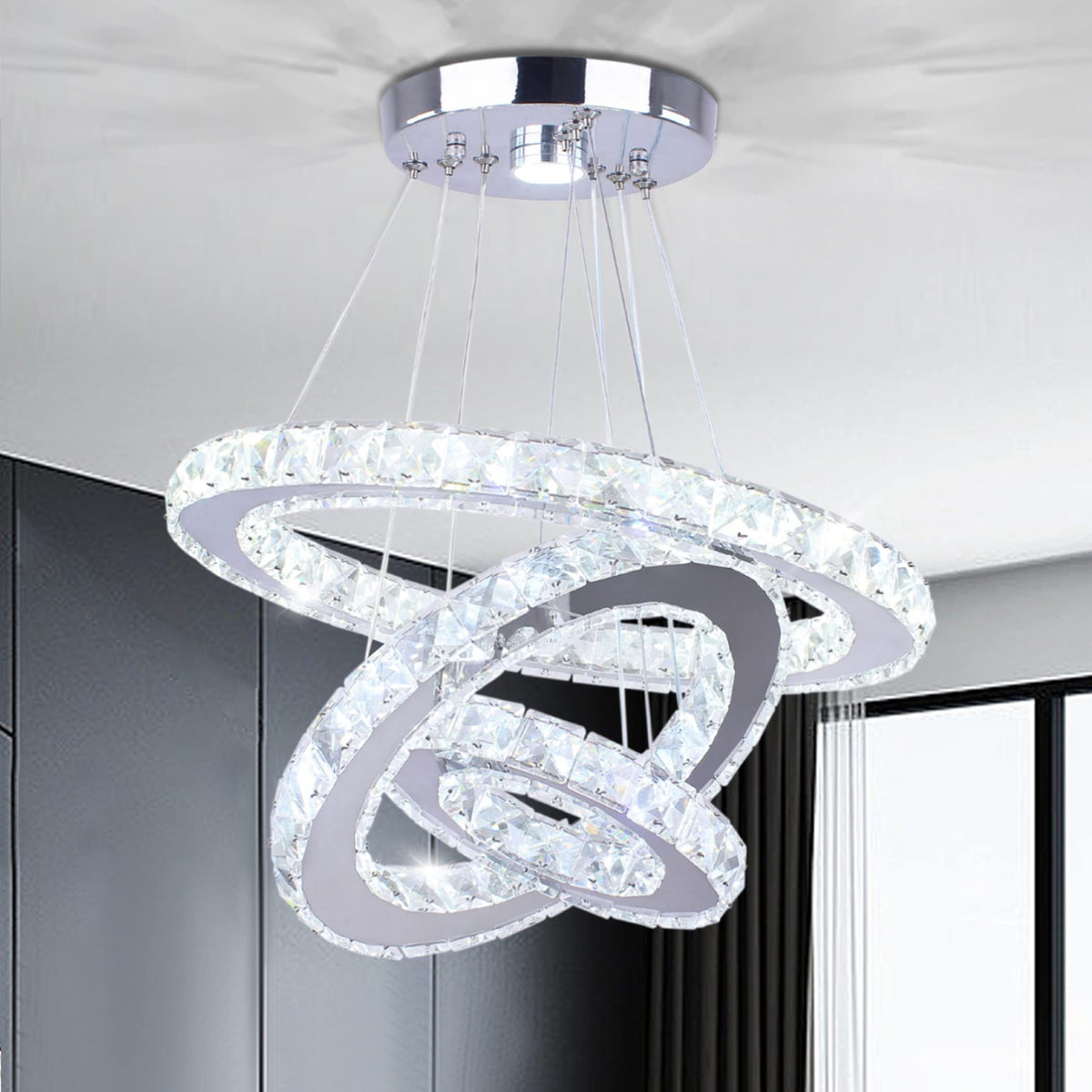 3 Ring LED Crystal Chandelier for Dining Room (3r Cool White Silver)