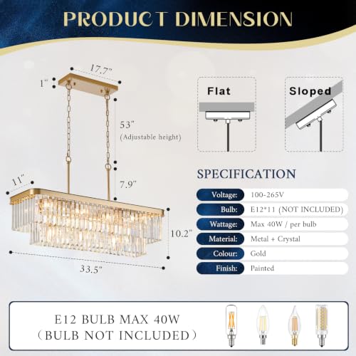 Gold Crystal Chandelier 11 Lights 33.5" Rectangle Chandelier (Gold / Long-33.5”)