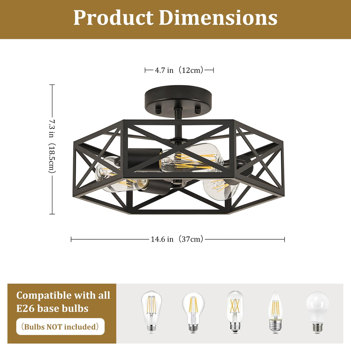 Modern Farmhouse Black Metal Semi Flush Mount Ceiling Light Fixture 14.6 in (14.6 Inch / Black)