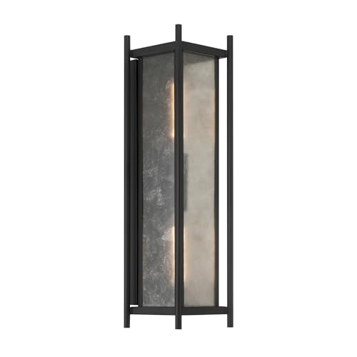 5-3805-BK Jacobs Mid-Century Modern Clear Mica Glass Outdoor Wall Lantern, 2-Light 120 Total Watts, 22" H x 6" W, Matte Black (22" Height / Matte Black)