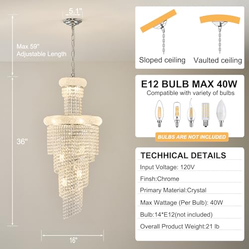 14 Light Spiral Crystal Chandelier Chrome Finish for Foyer Entryway Living Room Dining Room 36'' H X 16'' W X 16'' D (Chrome / 36'' H X 16'' W X 16'' D)