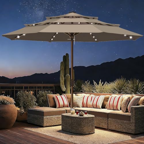 USA 10-Year-Non-Fading 10ft 3-Tier Market Patio Umbrella, Commercial Table Umbrella with 80 Solar LED Lights, Crank Open, Windproof & UPF 50+ UV Protection for Garden, Deck, Pool, Backyard, No Tilt, Mushroom (Mushroom / 10FT(Triple Vents No Tilt))
