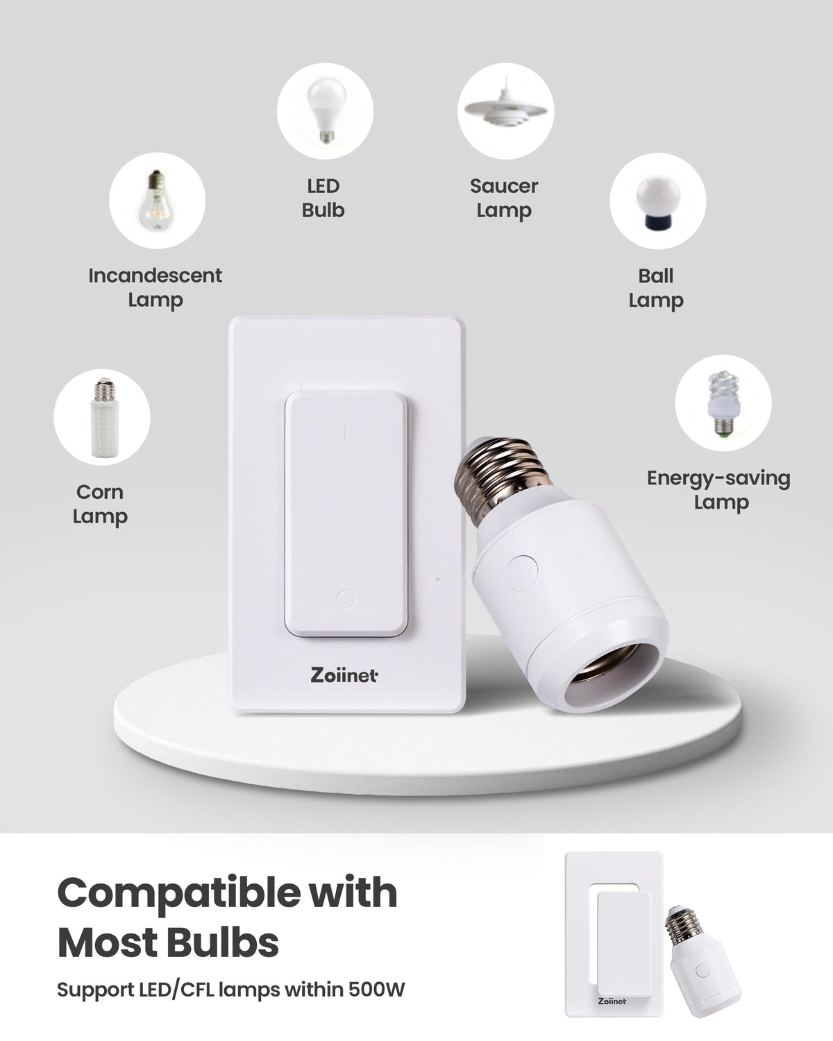 500W Remote Control Light Socket with 2 Wireless Light Switches (White)
