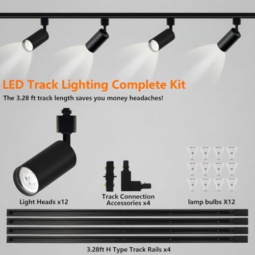 GU10 LED Track Lighting Kit H Type Plug in Dimmable White Spotlights (Black 3CCT / 12 Head Big Kit)