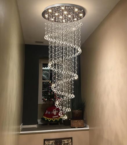 LED High Ceiling Chandelier Crystal Chandeliers Light Fixtures with Dimmable Light Bulbs Gold Living Room Foyer Chandelier Modern Pendants Lights for Entryway Staircase Silver (Silver / Spiral W32" X H78")