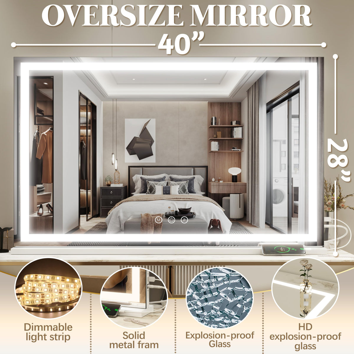 Large Vanity Mirror with Lights (White / 40"L x 28"W)