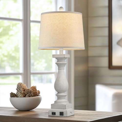 28" Tall Farmhouse Table Lamp with USB C+A Ports and AC Outlet (White-1 Pack)