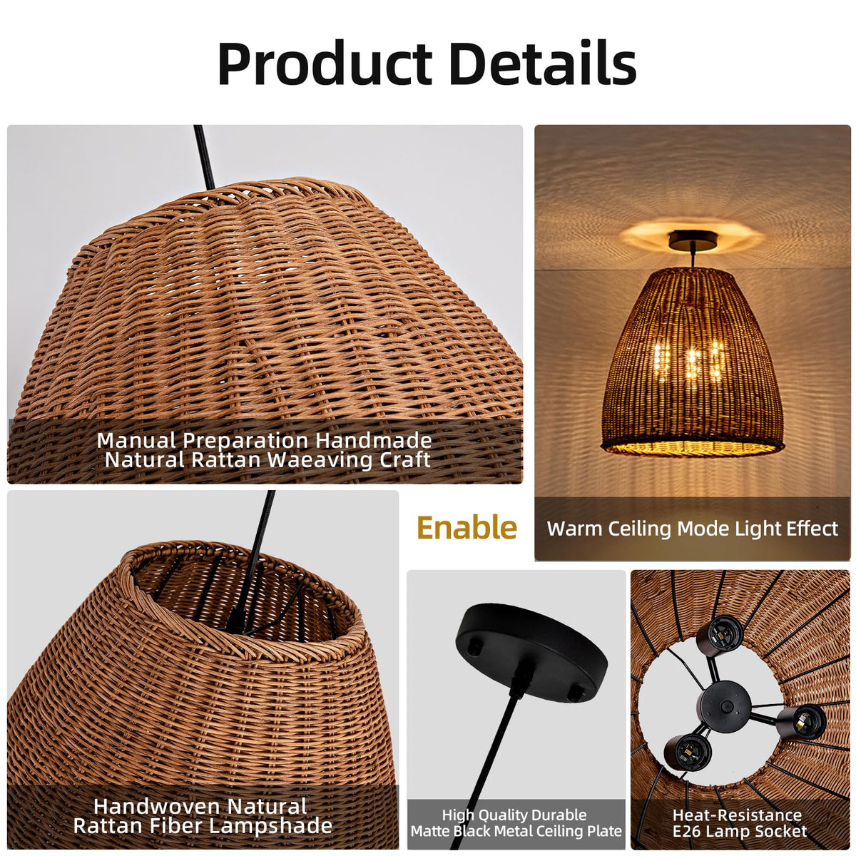 16.5" Rattan Pendant Light (Dark+Curry / 16.54" 3-Light)