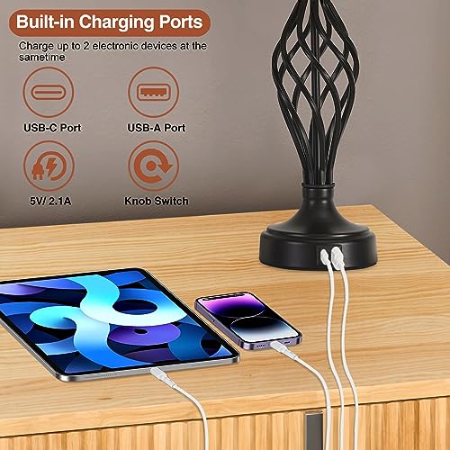 Table Lamp for Bedroom Set of 2 with USB C+A Ports (Black Base + Beige Lampshade)