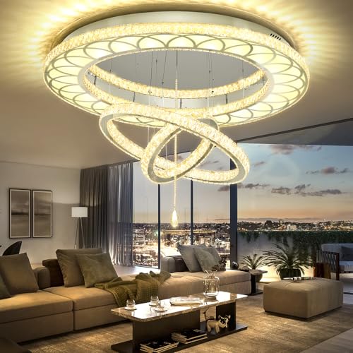W40 Crystal Chandelier for Living Room Modern Flush Mount Chandelier Large Chandelier for Foyer Dining Room Hallway Dimmable 2700k 4500k 6000k (Silver / W:40inches)