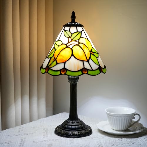 Small Tiffany Lamp Yellow Lemon Stained Glass Lamp Elegance Vintage Bedside Lamps Tiffany Style Table Lamp Cottage Living Room Bedroom Retro Home Office Desk Kitchen Night Lights Home Decor Gifts (Yellow Apricot)