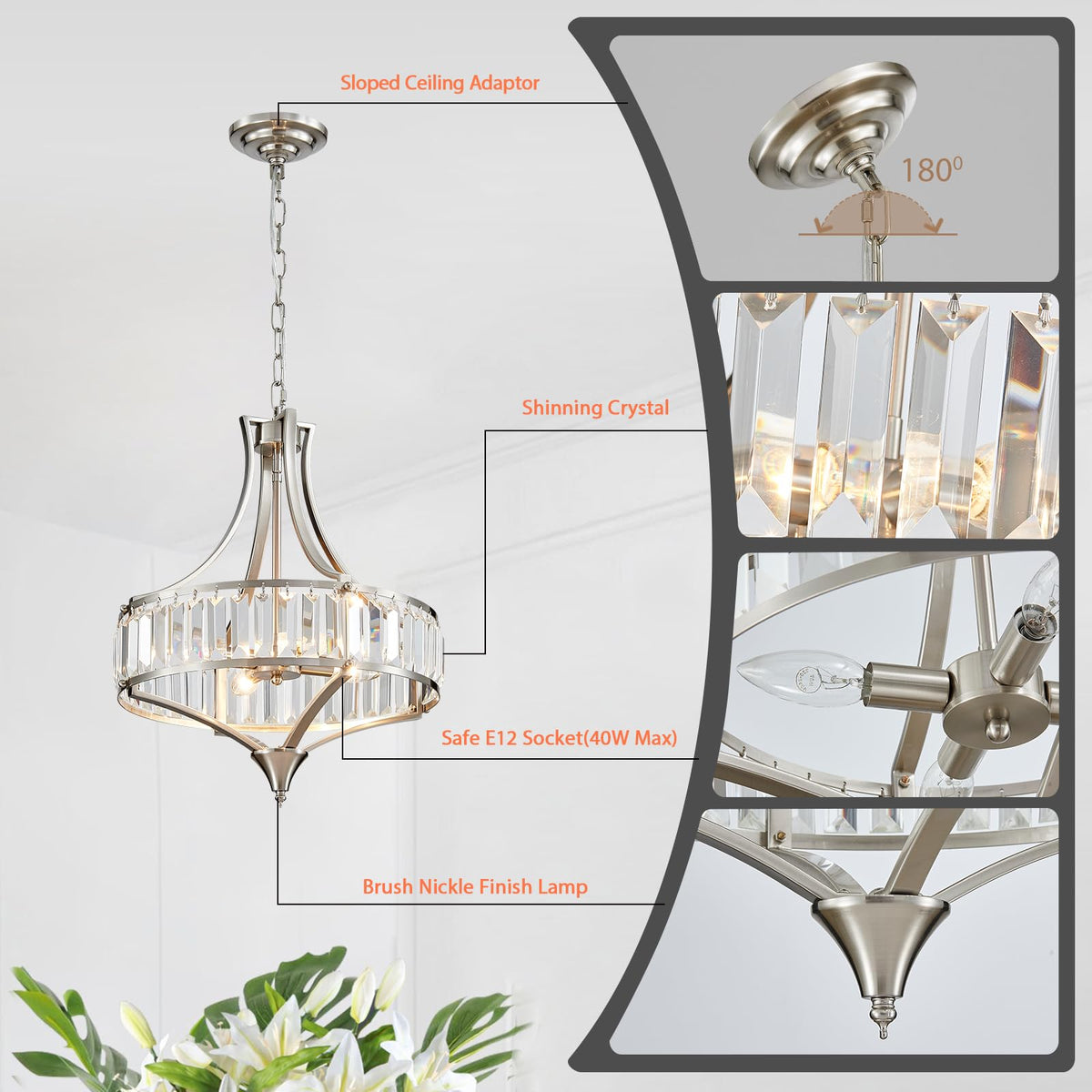 Crystal Chandeliers for Dining Room 15.7" Round Rustic Farmhouse Hanging Pendant Lighting Fixture Modern Brushed Nickel Chandelier Metal Shade 4 (15.7”-Brushed Nickel)