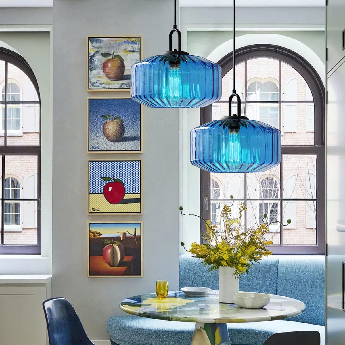 Large Modern Pendant Light Fixtures Dining Room Vintage Glass Ceiling Pendant Lighting Kitchen Sink Blue Hand Blown Glass Shade Black Finish Adjustable Cord Hanging Pendant Light (Blue-2)