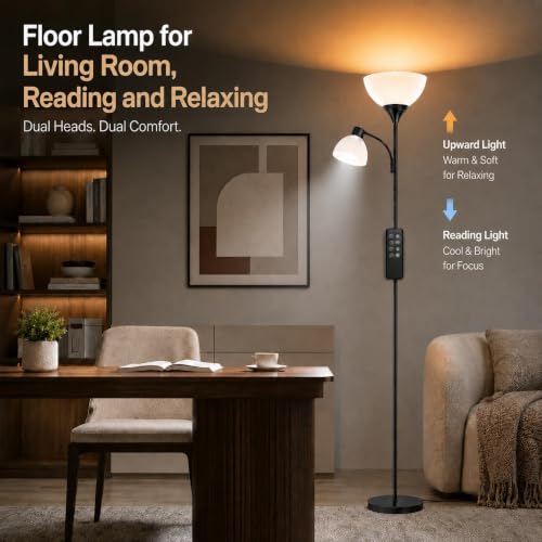 Torchiere Floor Lamp with Remote Control and Adjustable Reading Light (Matte Black)