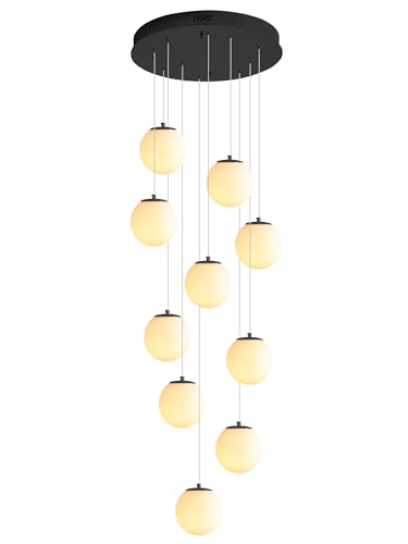 10 Light Black Chandelier with White Globe Glass Dimmable Ceiling Light Glass Pendant Light for Kitchen Island (Black-White / Globe 10-Light)