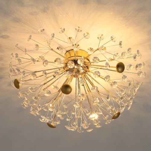 Crystal Sputnik Firework Chandelier LED Ceiling Chandelier for Bedroom Kitchen Island Hallway Entryway Crystal Firework Close to Ceiling Light (Gold Ceiling / Dia 24inches)