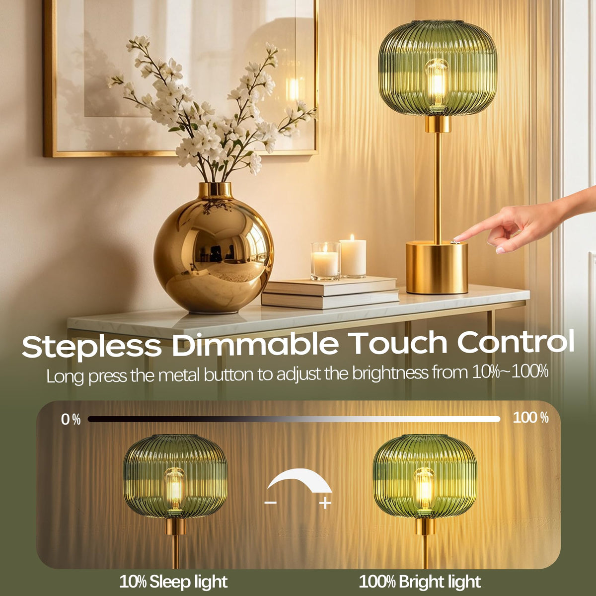 Rechargeable Cordless Glass Table Lamp for Living Room (Brushed gold & green 2)