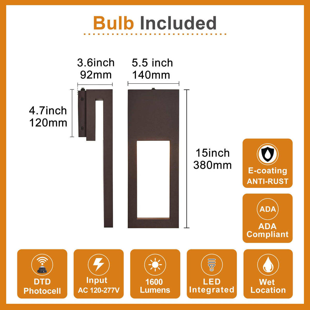 Textured Bronze Dusk to Dawn Outdoor Wall Sconce Light 15 Inch (1Pack Textured Bronze(with Photocell))