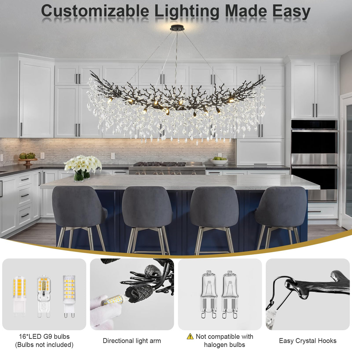 Large Modern Farmhouse Crystal Chandelier (Black / A-L63 Inch)