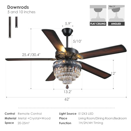 62" Black Crystal Chandelier Ceiling Fans with Lights and Remote Control (Black-62IN)