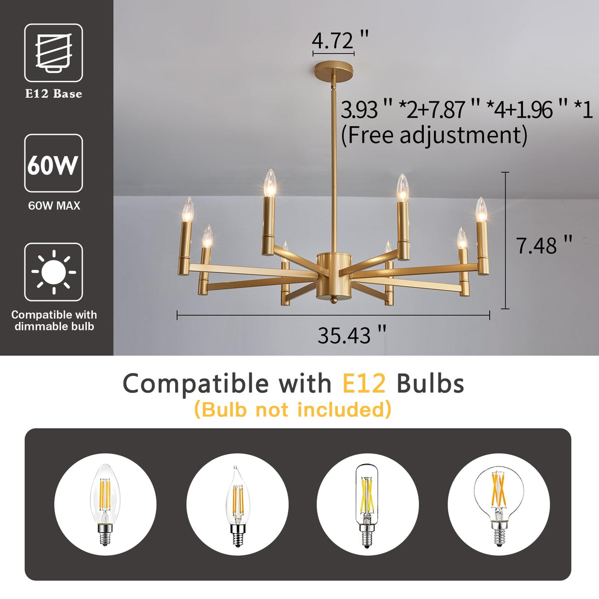 8 Light Gold Candle Chandeliers Modern Farmhouse Ceiling Light Fixture Industrial Lighting for Dining Room Living Room Bedroom Kitchen Island Foyer (Gold)