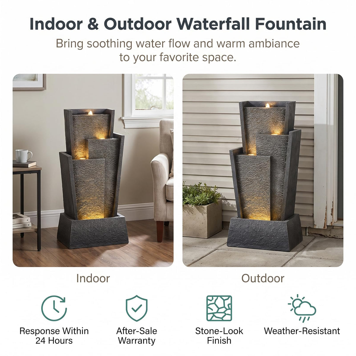 28H Modern Cascading Outdoor Water Fountain with Warm LED Light (28.3H)