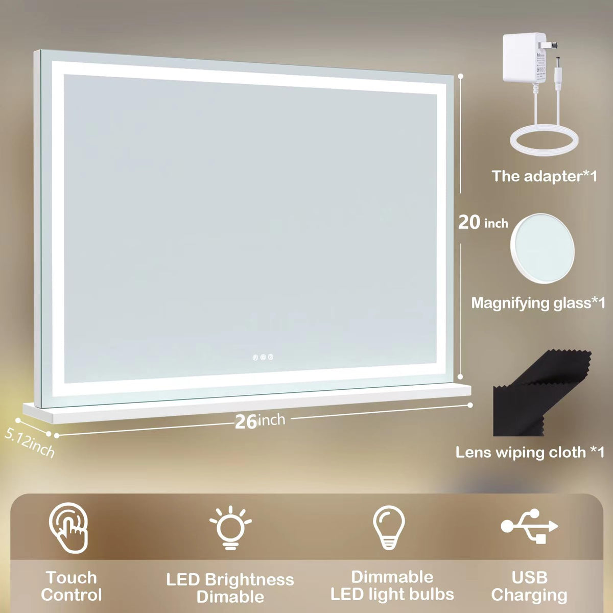 Makeup Vanity Mirror with Lights 20" L x 26" W Large LED Makeup Mirror (Round White Led / 20"L x 26"W)