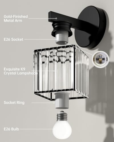Hardwired Wall Sconces Set of Two with Crystal Lampshade (Black-A)