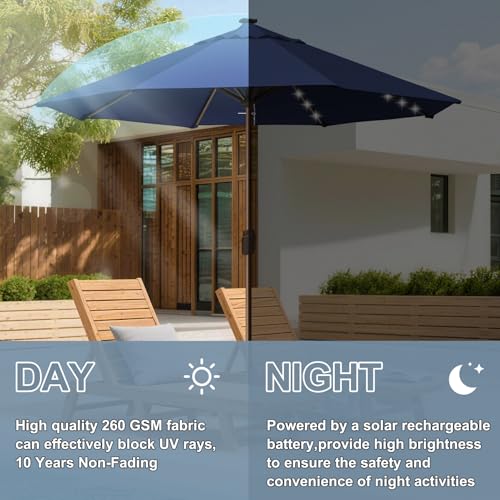 USA 10-Year-Non-Fading 10ft Market Patio Umbrella, Commercial Grade Table Sun Umbrella with 80 Solar LED Lights, Crank Open, Windproof & UPF 50+ UV Protection for Garden, Deck, Pool, Backyard, No Tilt, Navy Blue (Navy Blue / 10FT(Single Vent No Tilt))