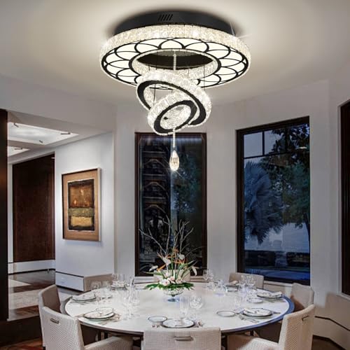 Dia 24" Modern Crystal Chandelier for Dining Room Black Ceiling Chandelier Flush Mount Ceiling Light for Living Room Bedroom Hallway (Black / W:24inches)
