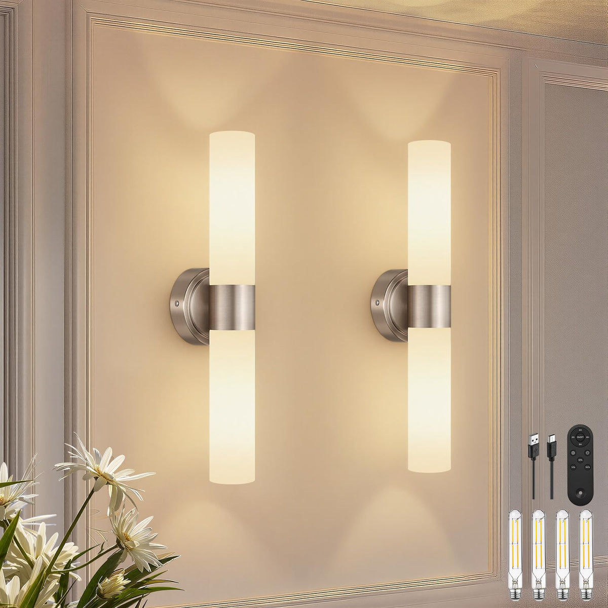 Rechargeable Wall Sconces Set of Two (Brushed Nickel & Milky White Glass / Battery-22 Inch-2PC)