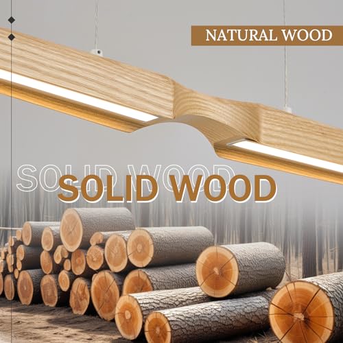 52in LED Linear Chandelier Natural Wood Pendant Light Dimmable (Natural Wood / 51.2'')