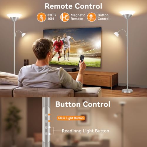 2-in-1 Torchiere Floor Lamp, 34W Super Bright LED Standing Lamp with Remote & Touch Control, 72" Dimmable Adjustable Corner Reading Lamp for Living Room, Bedroom, Office, Silver (Silver)