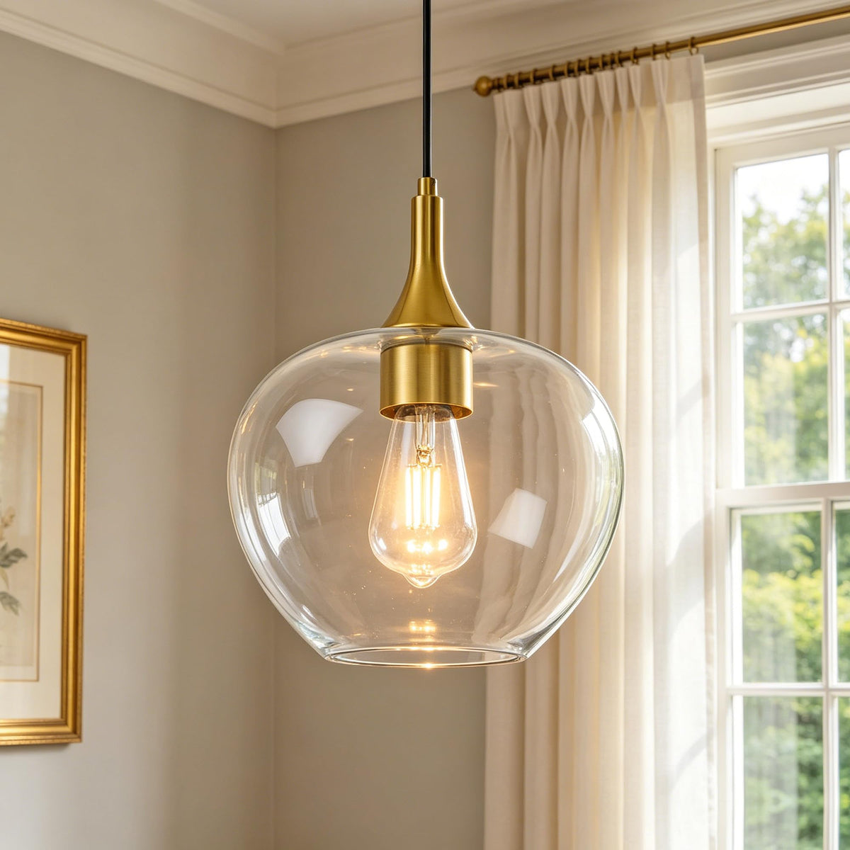 9.45in Gold Pendant Lights Kitchen Island with Clear Glass Shade 1Pack (Gold-Clear Glass)