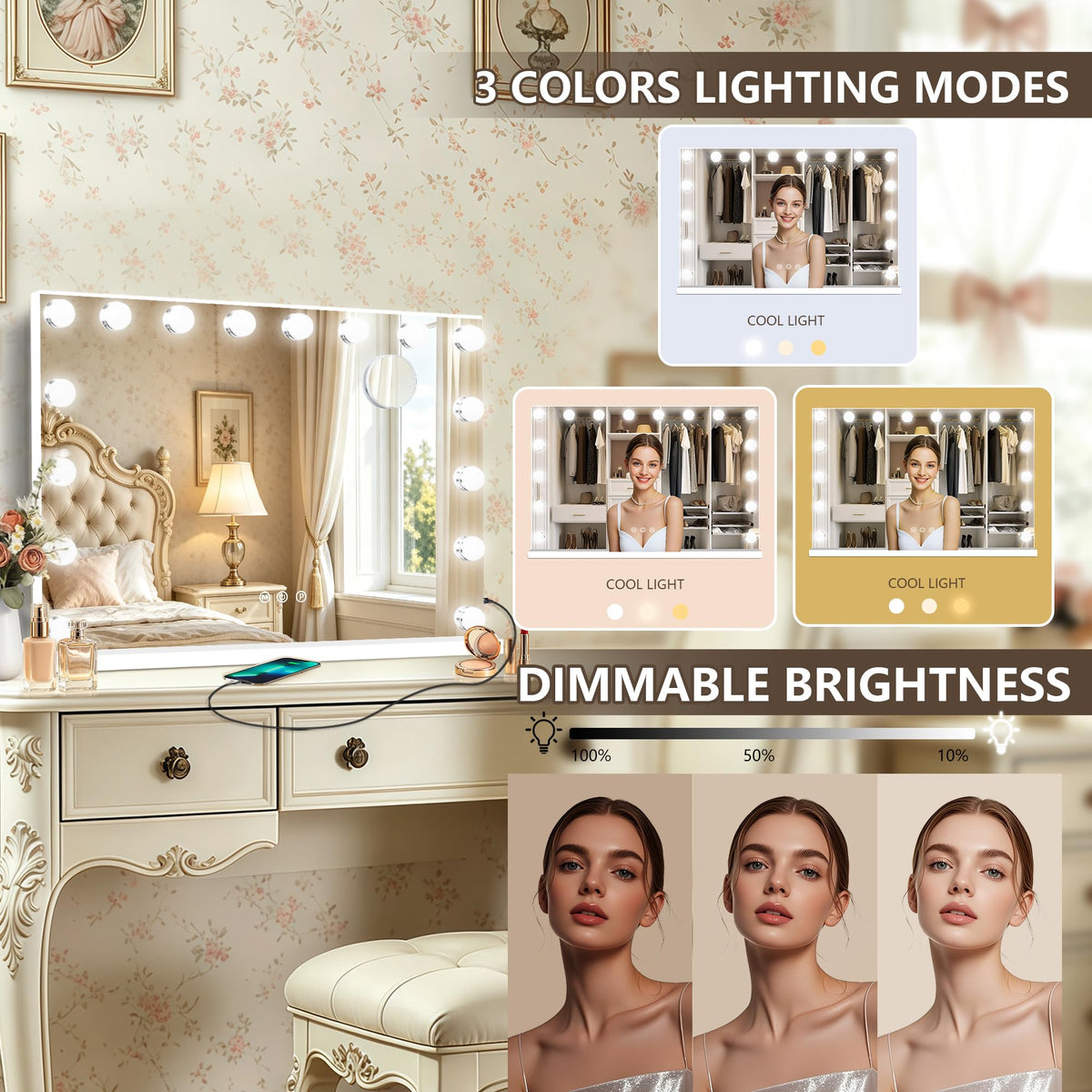 26" x 20" Hollywood Vanity Mirror with Lights (White / 26"L x 20"W)