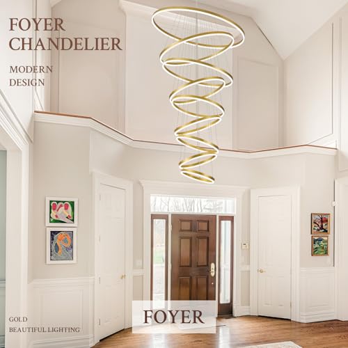 9 Rings D39.4in Modern LED Chandelier Gold Dimmable Foyer Chandeliers Entryway High Ceiling Chandelier with Remote Control for Staircase Entryway Living Room Foyer (Gold / 9 Rings 39.4in)