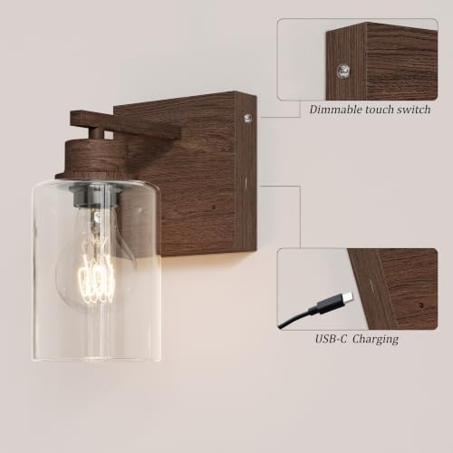 Walnut Battery Operated Wall Sconce Set of Two with Remote Control (Walnut(Clear Lampshades))