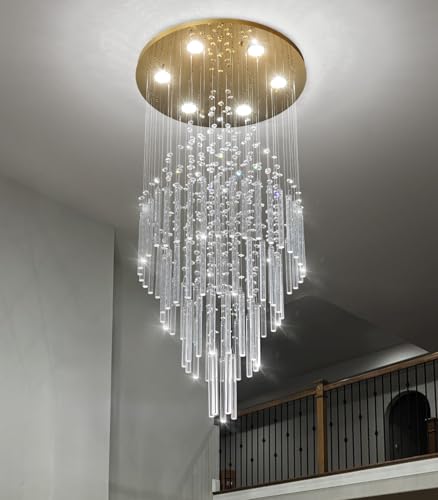 W20 x H40 Crystal Glam Chandelier Long Light Chandeliers with Dimmable Light Bulbs High Ceiling Light Fixtures for Foyer Entryway Living Room Stair Gold (Gold / Round W20" X H40")