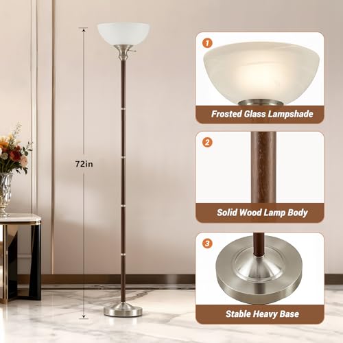 72" Wood Torchiere Floor Lamp with Glass Shade Walnut Standing Lamp (Walnut)