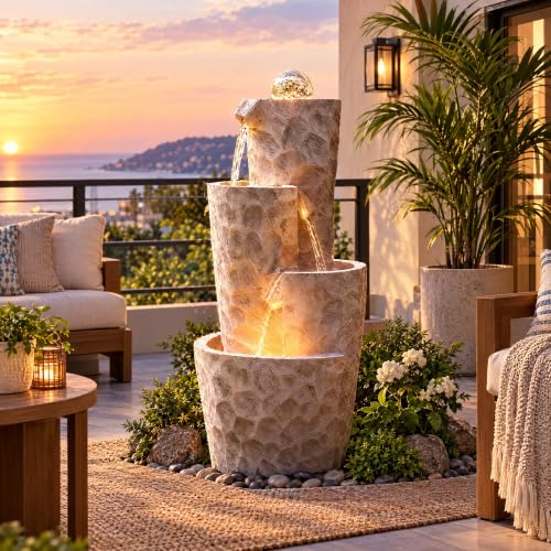 4 Tier Outdoor Water Fountain LED Crystal Ball Cascading Waterfall (White Cream 28"h)