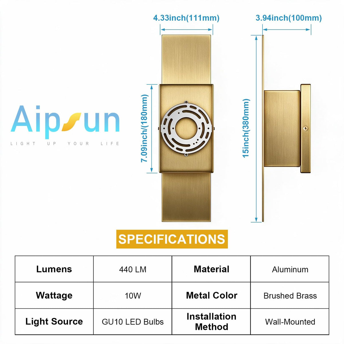 2 Pack Brass Outdoor LED Up Down Wall Sconces (Brushed Gold)