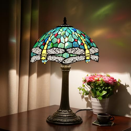 Tiffany Lamp Dragonfly Style Green Stained Glass Lamp Bedroom Table Lamp Reading Desk Light for Bedside Living Room Office Dormitory Dining Room Decorate Gift (Green Blue Dragonfly)