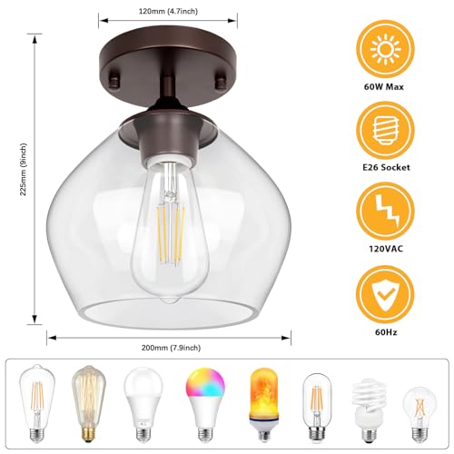 Modern Semi Flush Mount Ceiling Light with Clear Glass Shade (Brown)