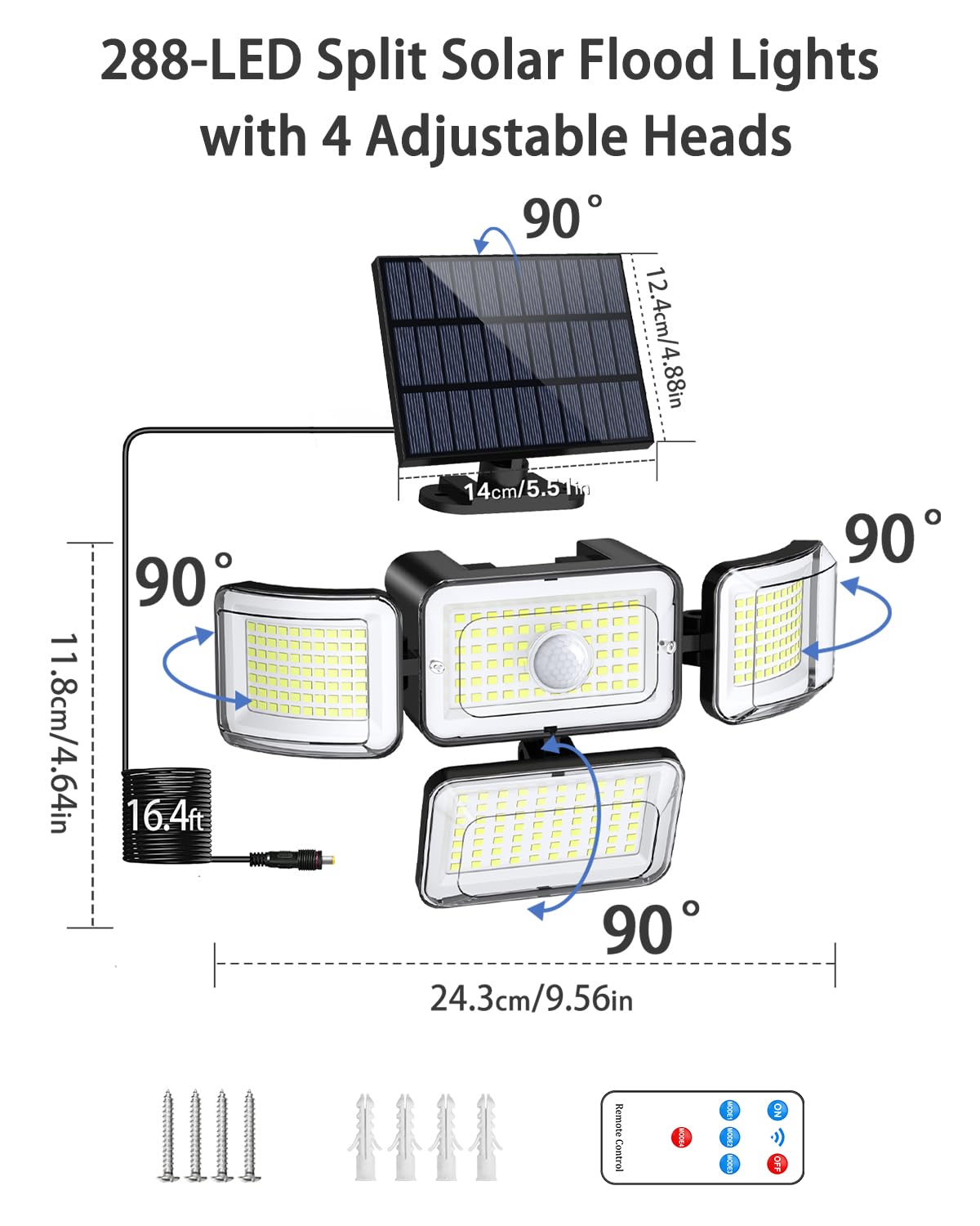 Solar Outdoor Lights Motion Sensor 3500LM 288 LED Solar Security Lights with Remote Control IP67 Waterproof 4 Heads Flood Lights with 16.4ft Cable 4 Modes Wall Lights