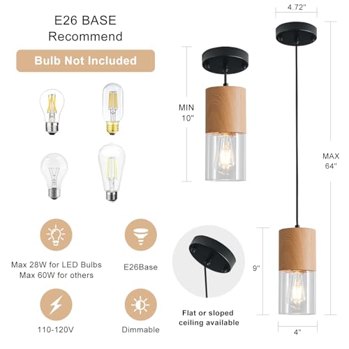 2 Pack Modern Pendant Lights for Kitchen Island (Wood Grain & Transparent—Cord / 2 Pack)