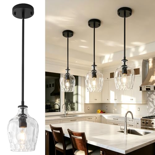 1 Light Black Hammered Glass Pendant Lights for Kitchen Island