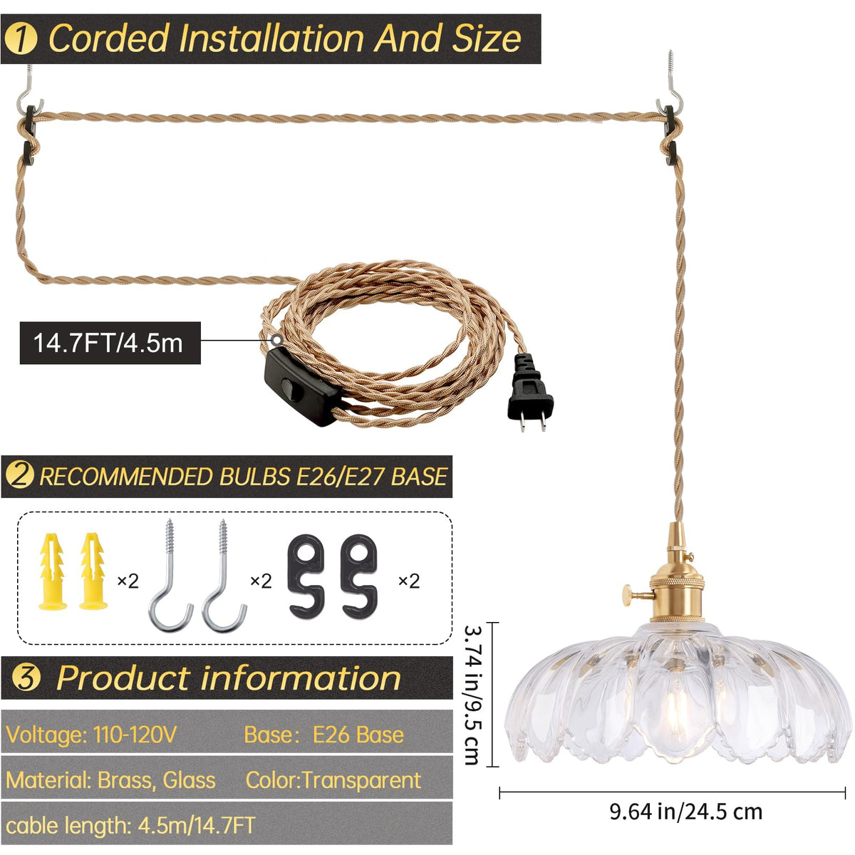 Plug in Pendant Light Hanging Light Fixtures with Plugin Cord On (Yellow Clear)